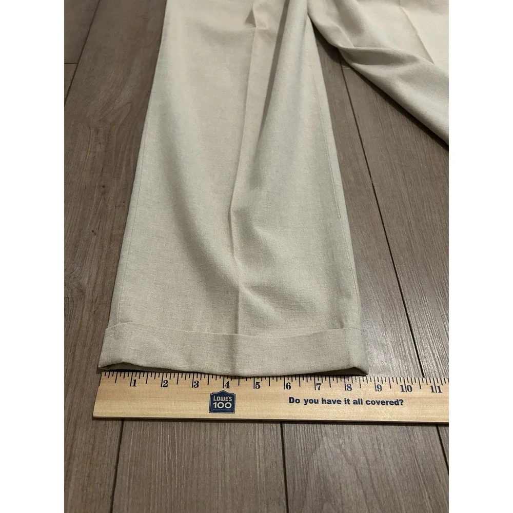 Van Heusen Men's Dress Pants 36x30 Beige Mid-Rise Pleated Cuffed Linen